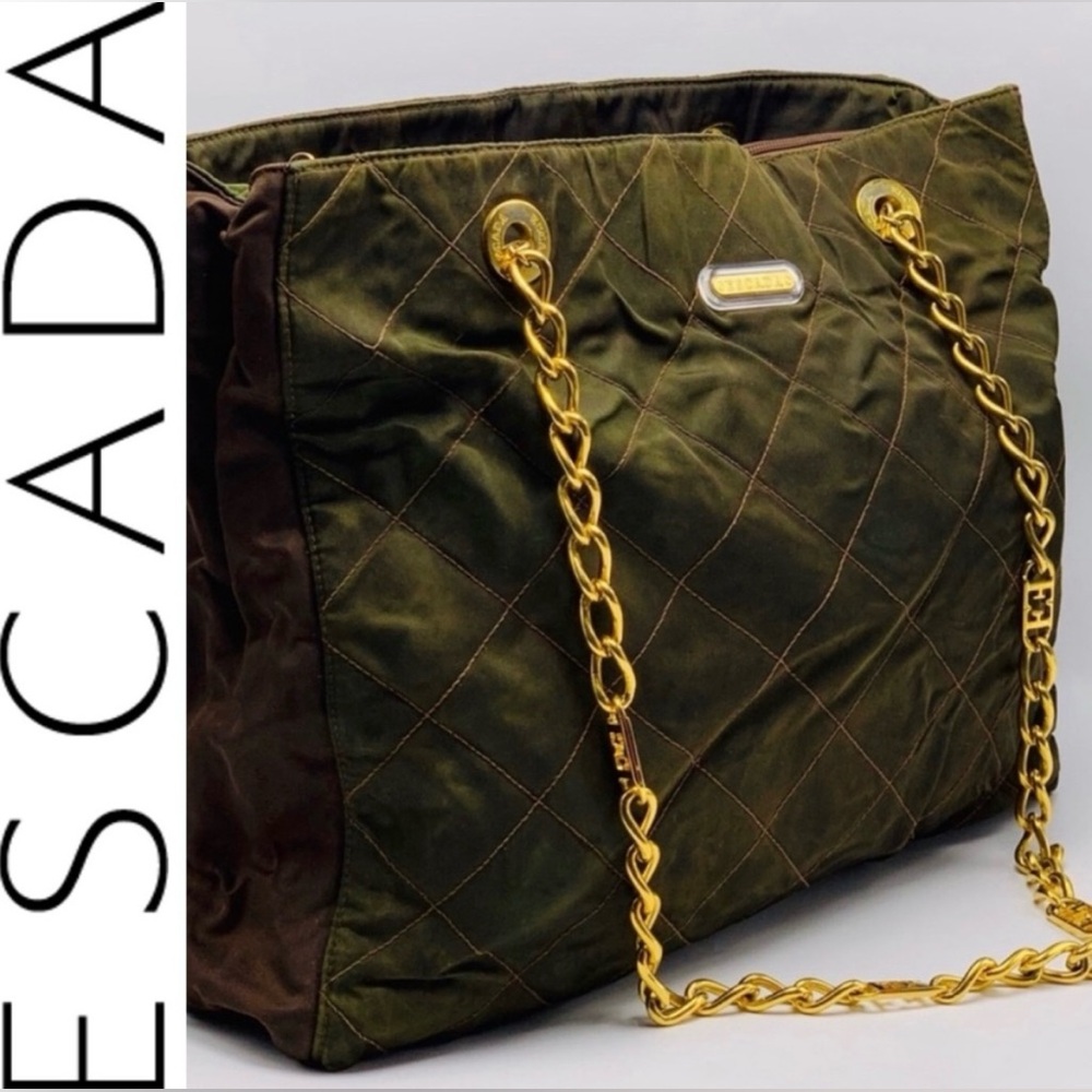 Escada Vintage Lux Quilted Nylon Tote/Shoulder Bag Olive Green and Brown - Picture 1 of 17